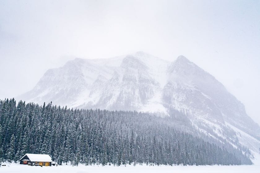 The iconic Lake Louise is frozen in the winter.