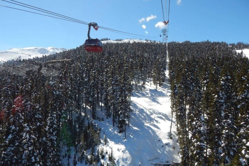 The red gondola at Whistler Blackcomb ski resort in BC