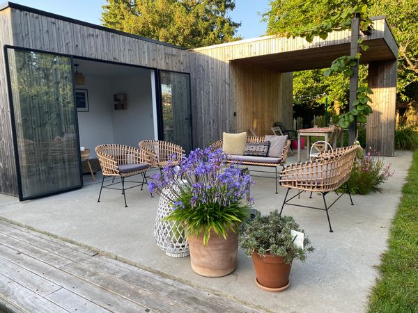 Modern gazebo with attached pool